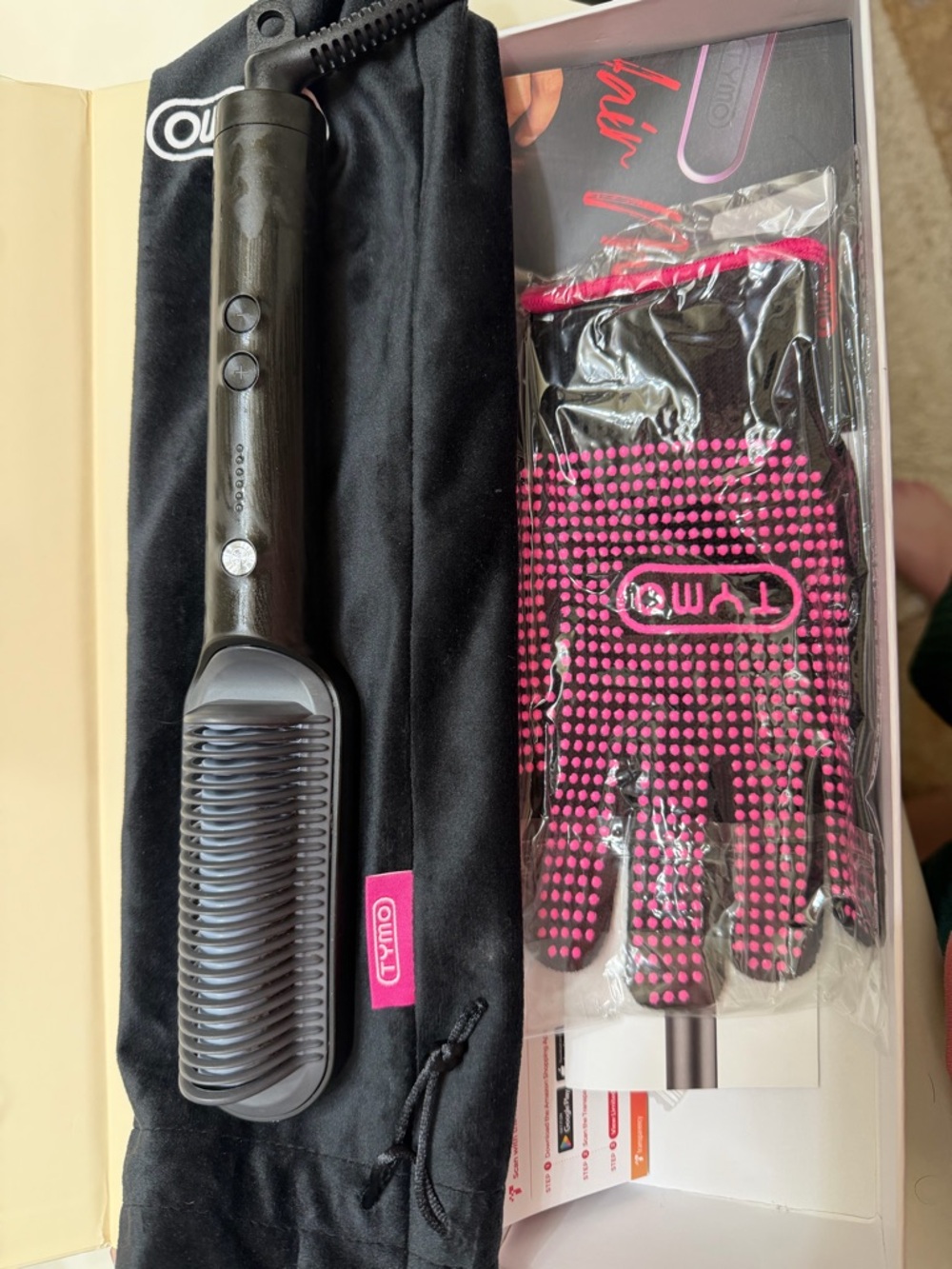 Tymo Black Heated Straightening Brush with Pink Glove
